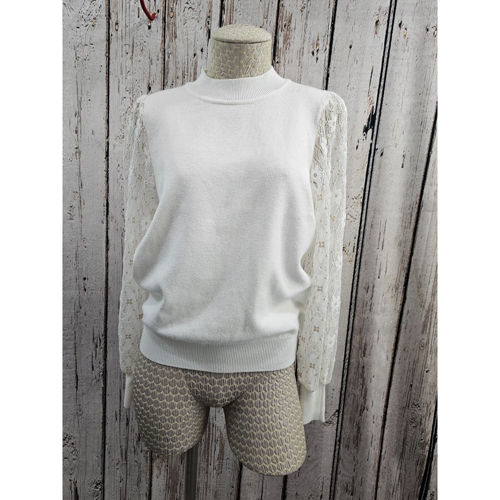 Nanette Lepore Womens M Lace Sleeve Mock Neck Pullover Sweater Easter Spring EUC